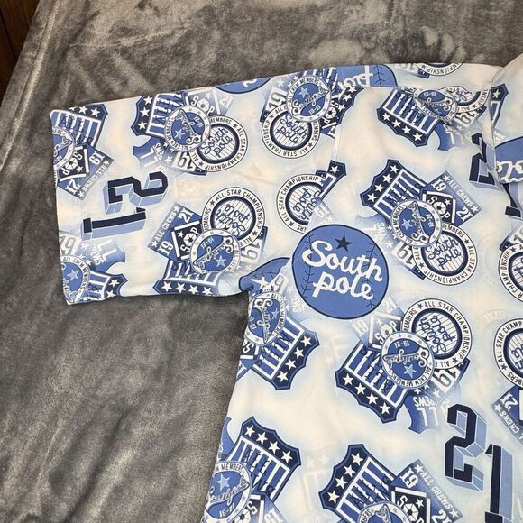 Southpole Shirt Mens XL Blue Polo All Over Y2k Grunge Punk AOP Dress Collar Logo - Picture 5 of 12